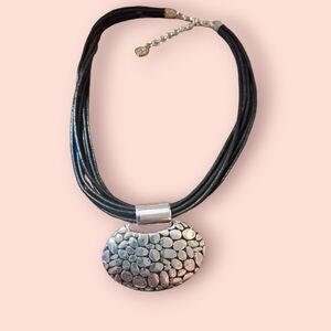 Napier leather multistrand necklace pebbled silvertone oval signed